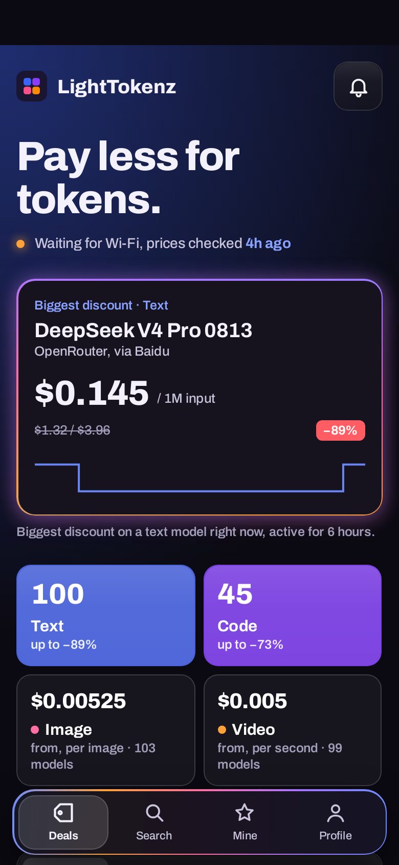 Deals screen in the LightTokenz app