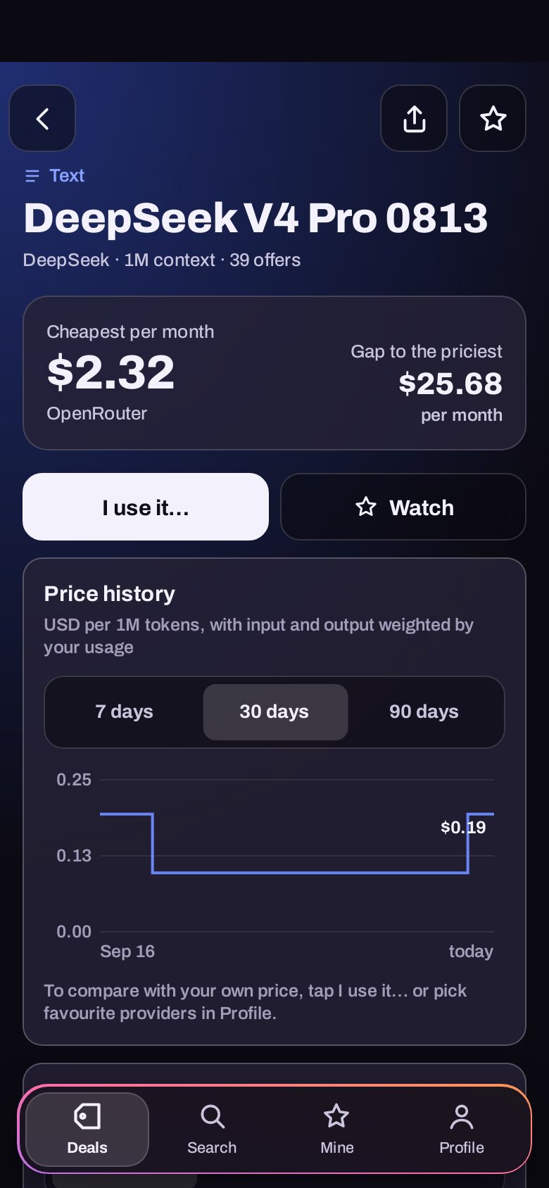 Model card with the cheapest price and the list of offers